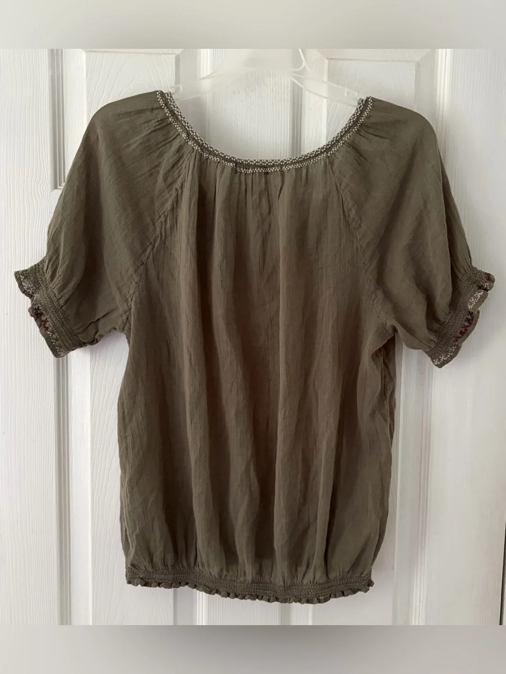 Joie Olive Embroidered V-Neck Peasant Blouse